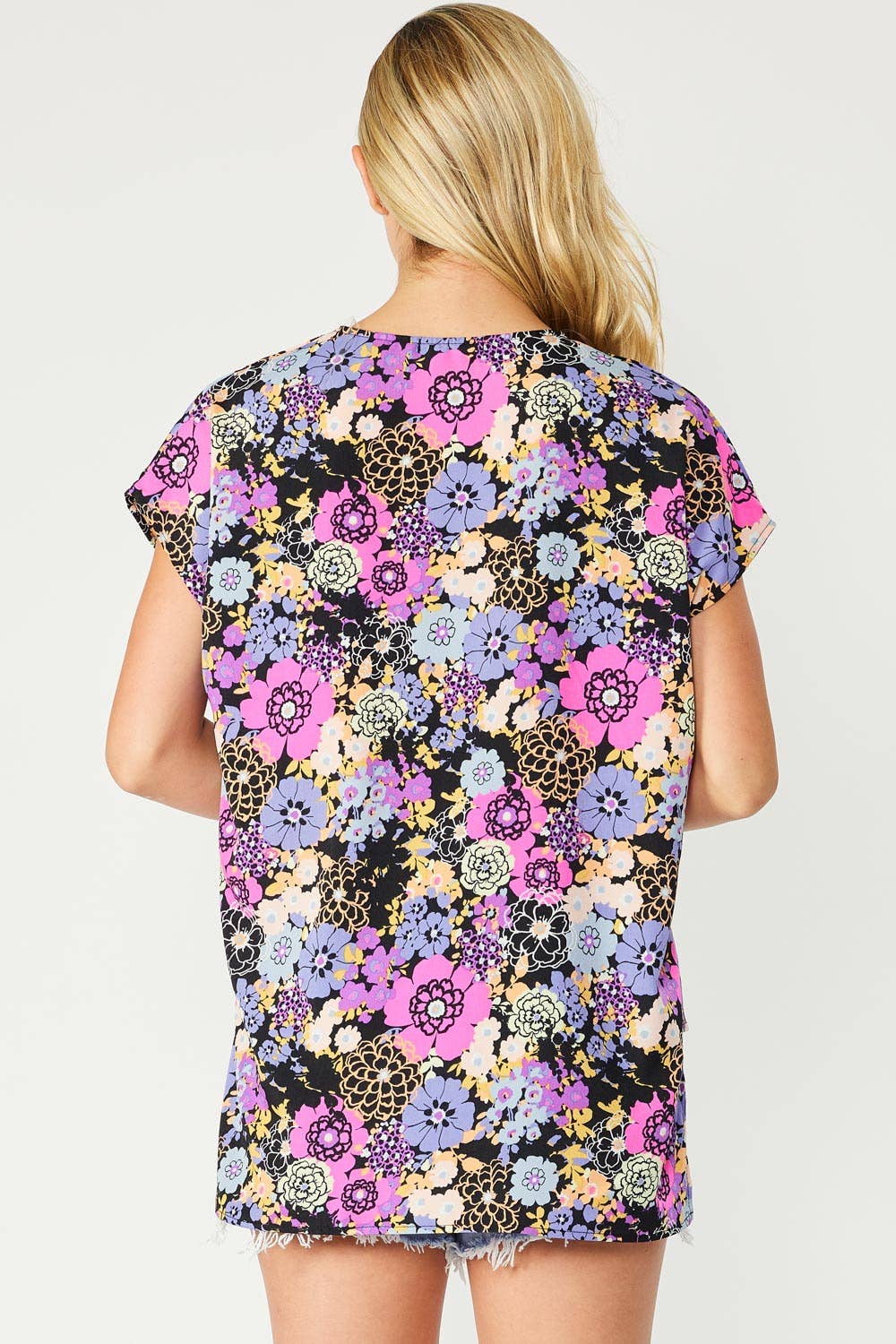 ST3611-E - FLORAL PRINT HI-LOW V NECK RELAXED FIT TOP