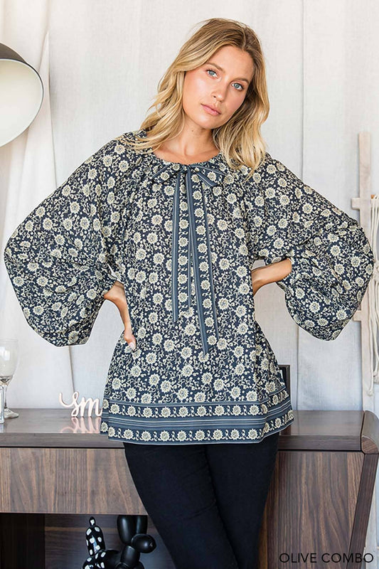 BORDER PRINT NECK TIE TOP