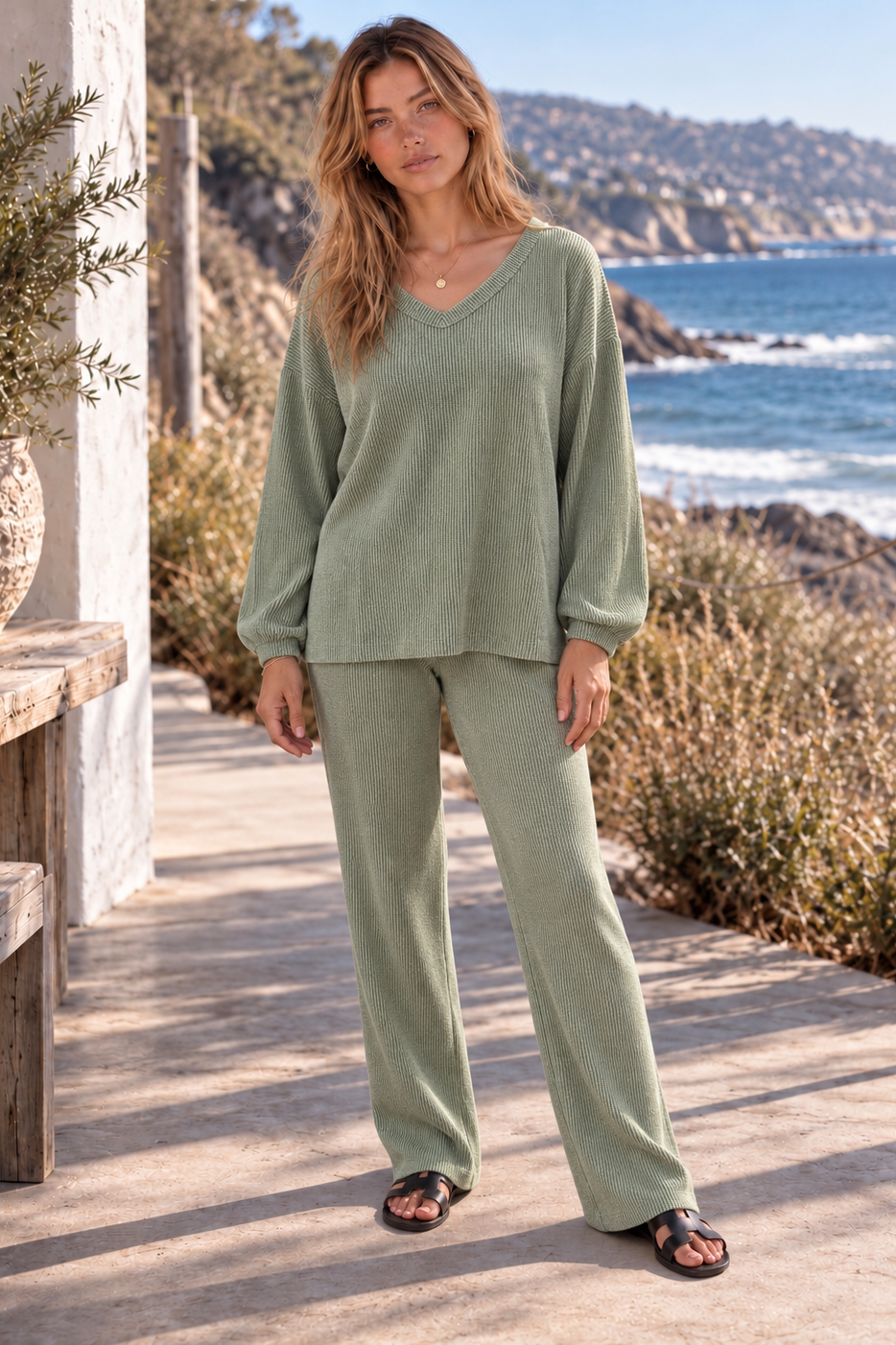2-Piece V-Neck Long Sleeve Top + Relaxed Pants