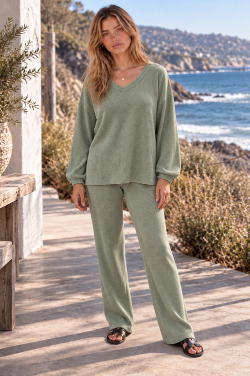 2-Piece V-Neck Long Sleeve Top + Relaxed Pants