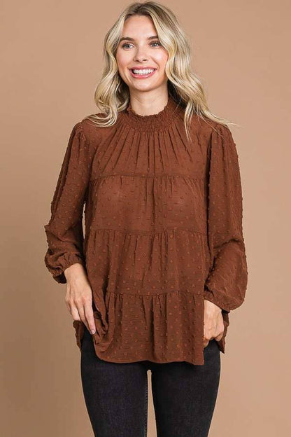 CWT1887Q - SMOCK NECK TIERED 3/4 SLEEVE TOP