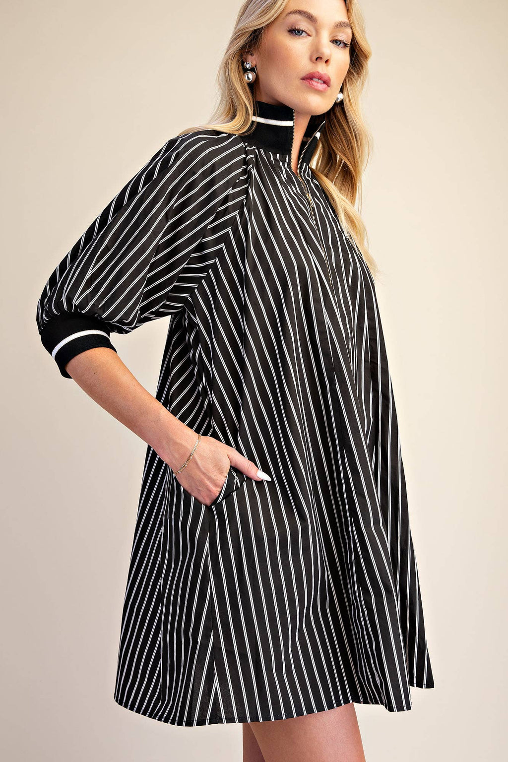 Mock Neck Band Half Zip Stripe Mini Dress