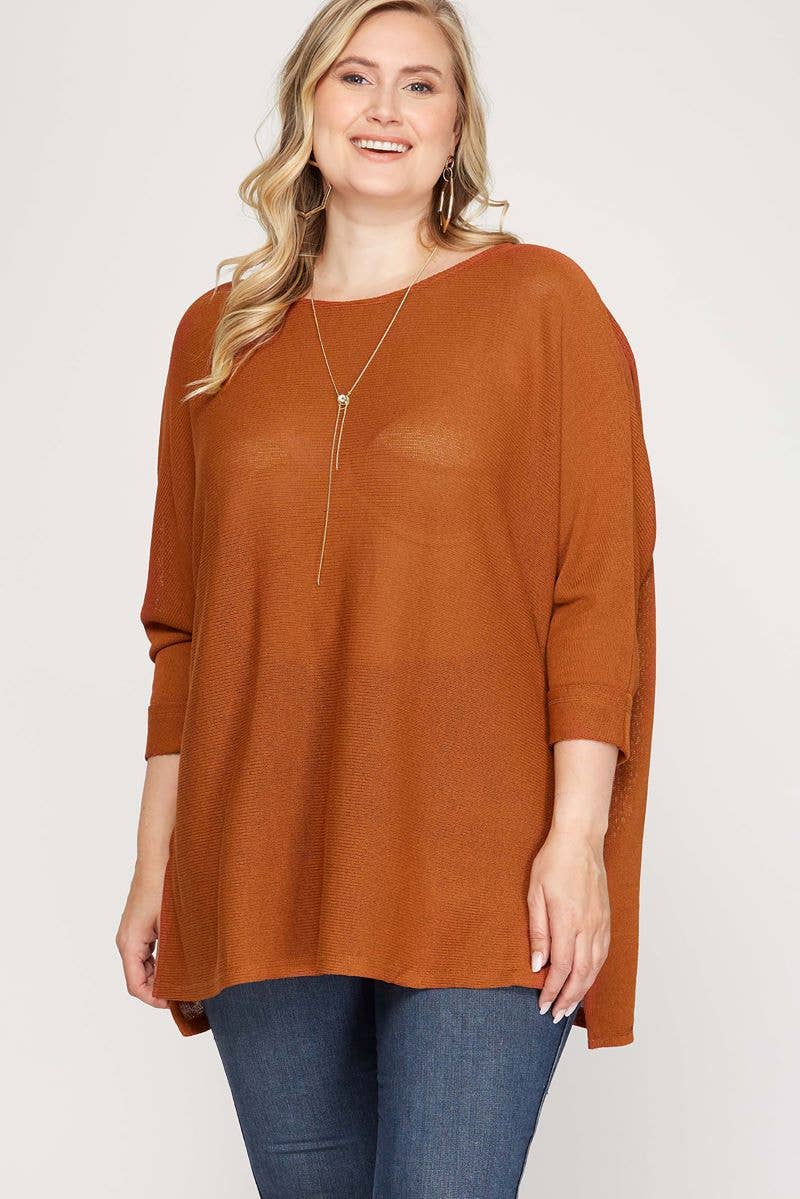 RUST BATWING 3/4 SLEEVES HI-LOW PLUS SIZE KNIT TOP S10PSS651