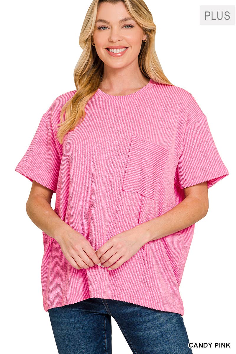 0107 Plus Raised Rib Short Sleeve Front Pocket Top SI-28942