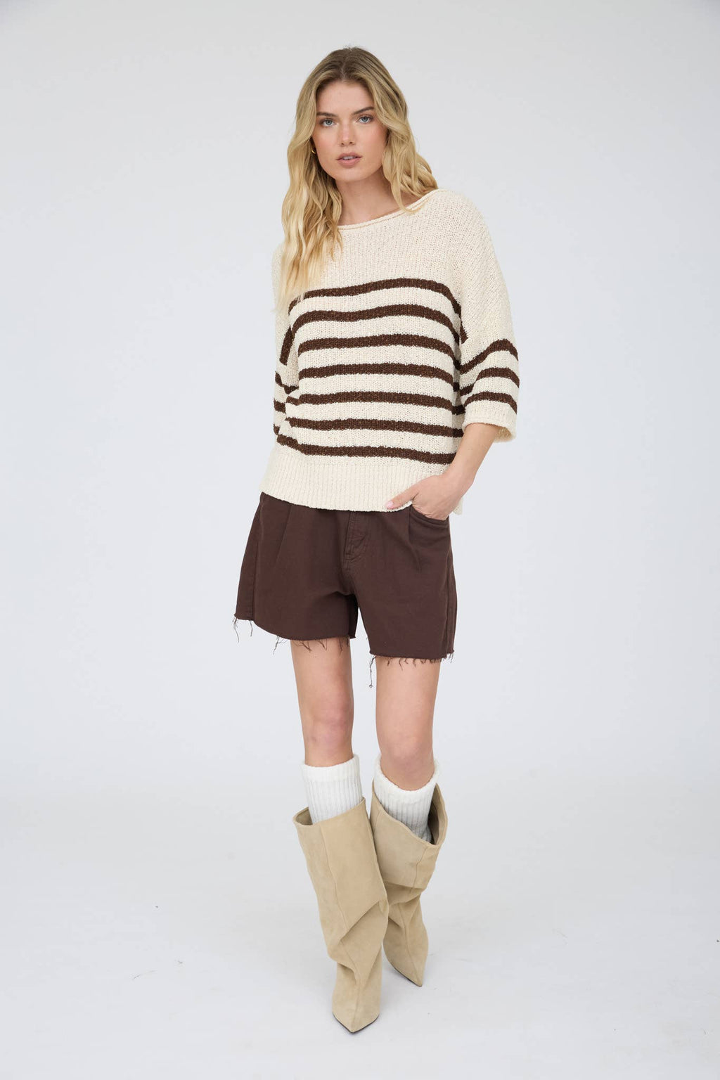 STRIPE TEXTURED KNIT HALF SLEEVE KNIT SWEATER