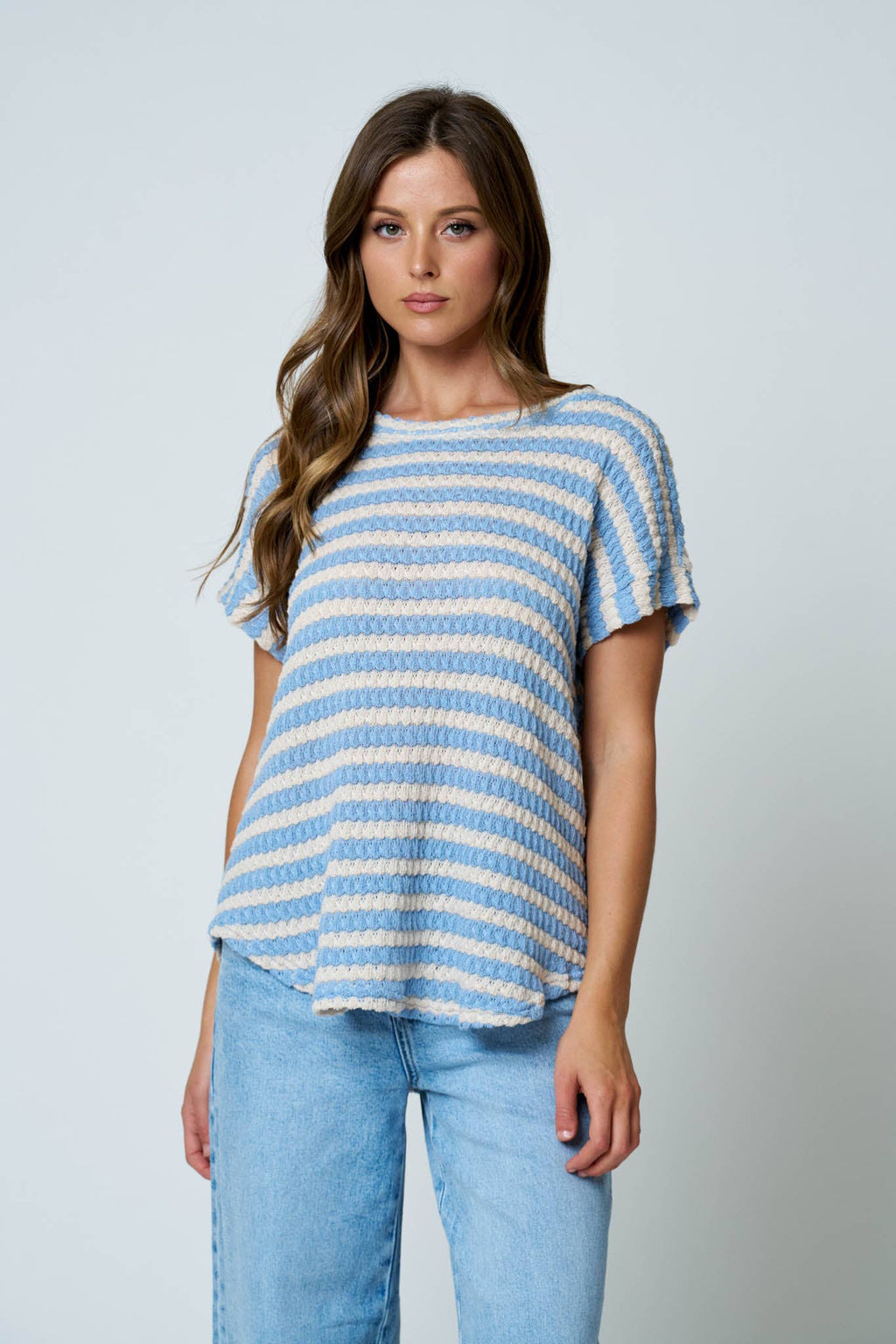 TEXTURED STRIPE ROUND NECK DOLMAN SLEEVE KNIT TOP