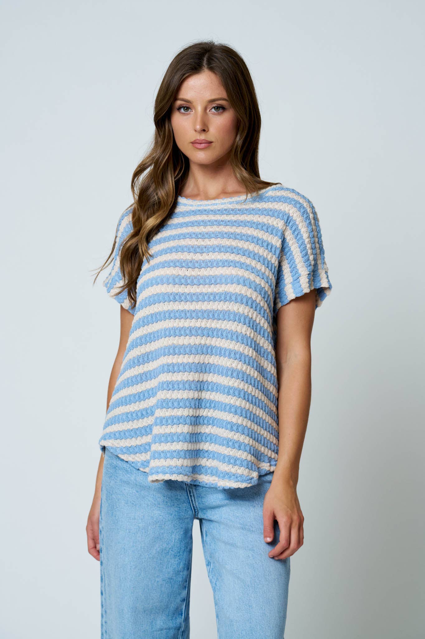 TEXTURED STRIPE ROUND NECK DOLMAN SLEEVE KNIT TOP