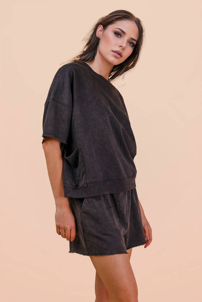 NT12429SETX-PLUS SIZE Mineral Washed Knit Casual Top & Shorts