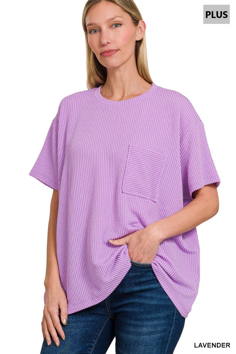 0107 Plus Raised Rib Short Sleeve Front Pocket Top SI-28942
