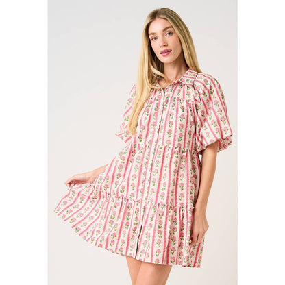 FLORAL STRIPE PRINT TIERED MINI SHIRT DRESS