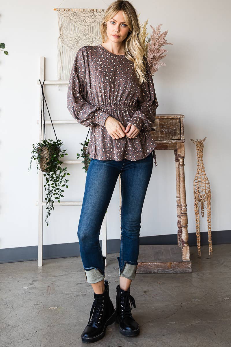 Long Sleeves Ruffle Elastic Waist Side Tie Top