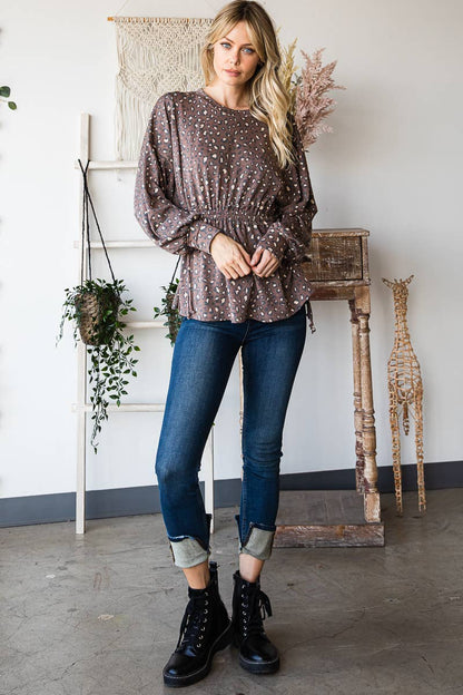 Long Sleeves Ruffle Elastic Waist Side Tie Top