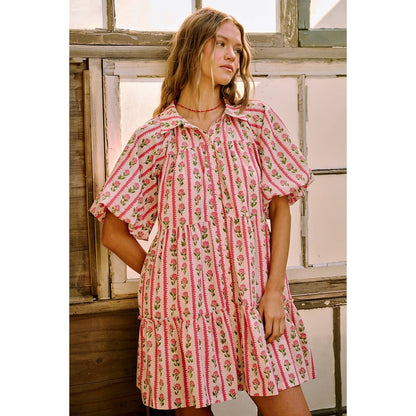 FLORAL STRIPE PRINT TIERED MINI SHIRT DRESS