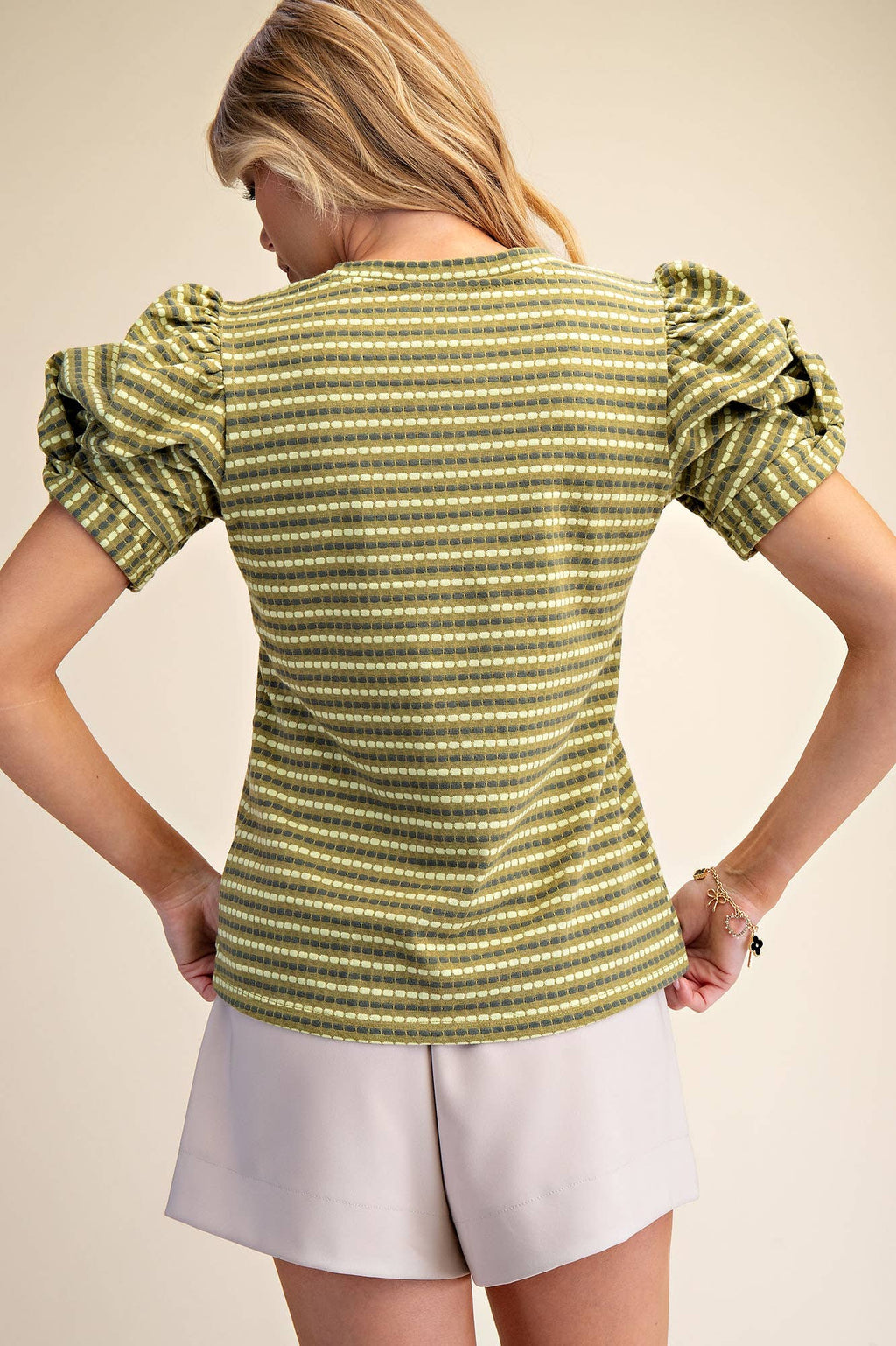 Round Neck Puff Sleeve Stripe Top