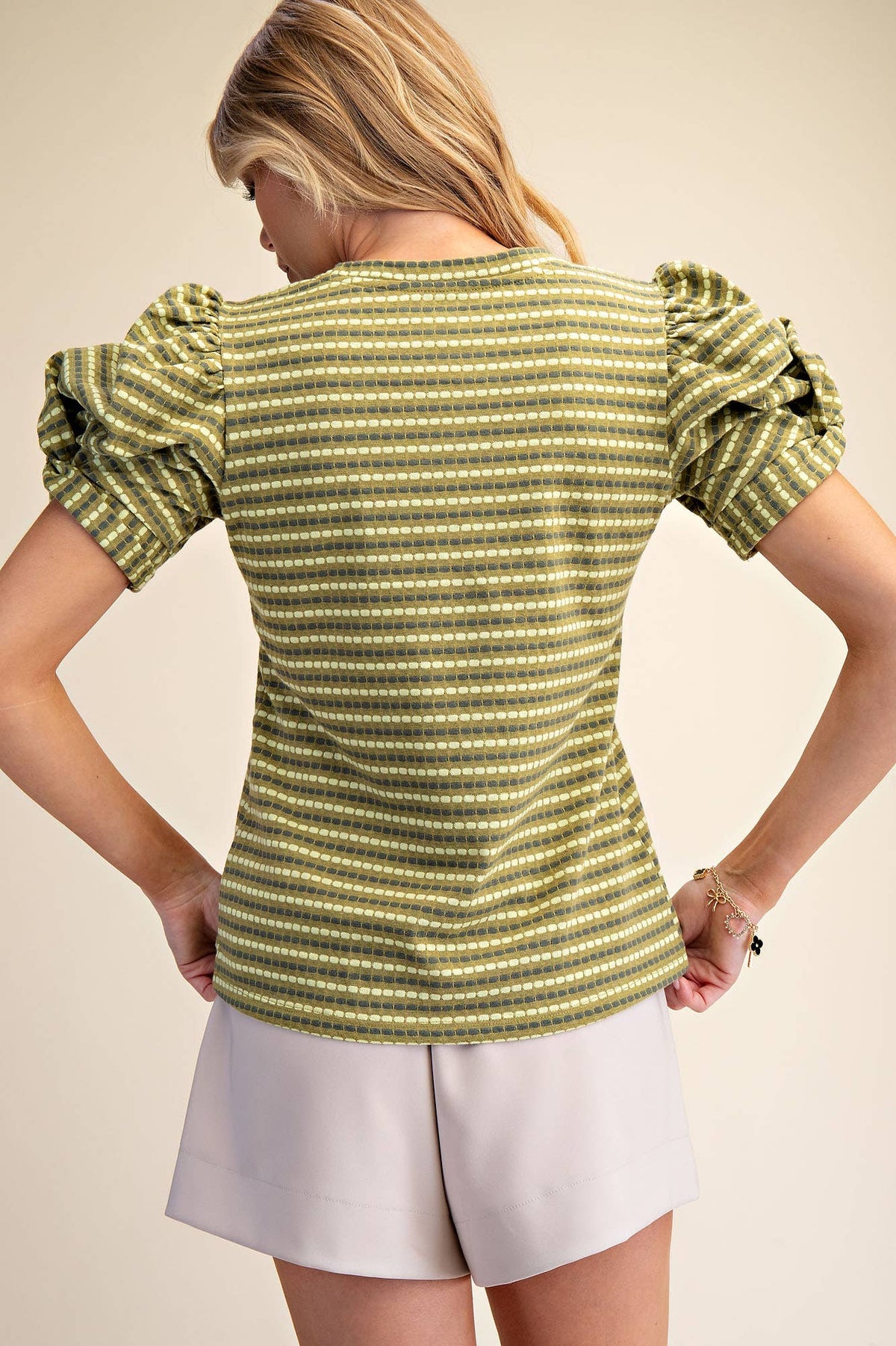 Round Neck Puff Sleeve Stripe Top