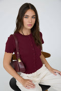 SCALLOPED SHORT SLEEVE BUTTON DOWN KNIT CARDIGAN