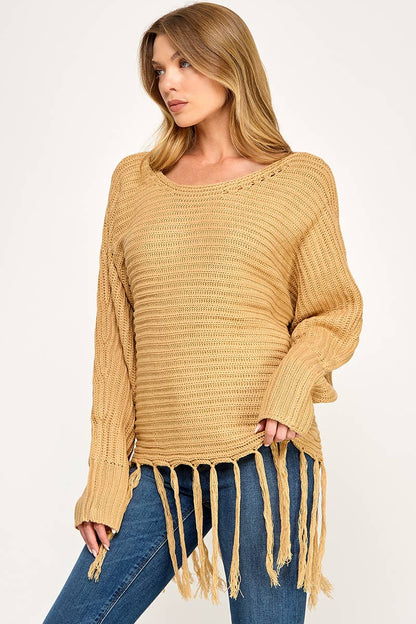 IT3453 - LONG SLEEVE SOLID BOAT NECK SWEATER WITH FRINGE