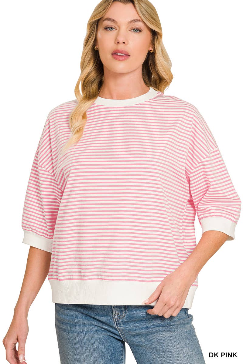 Striped Contrast Trim Banded Bottom Top - Zenana