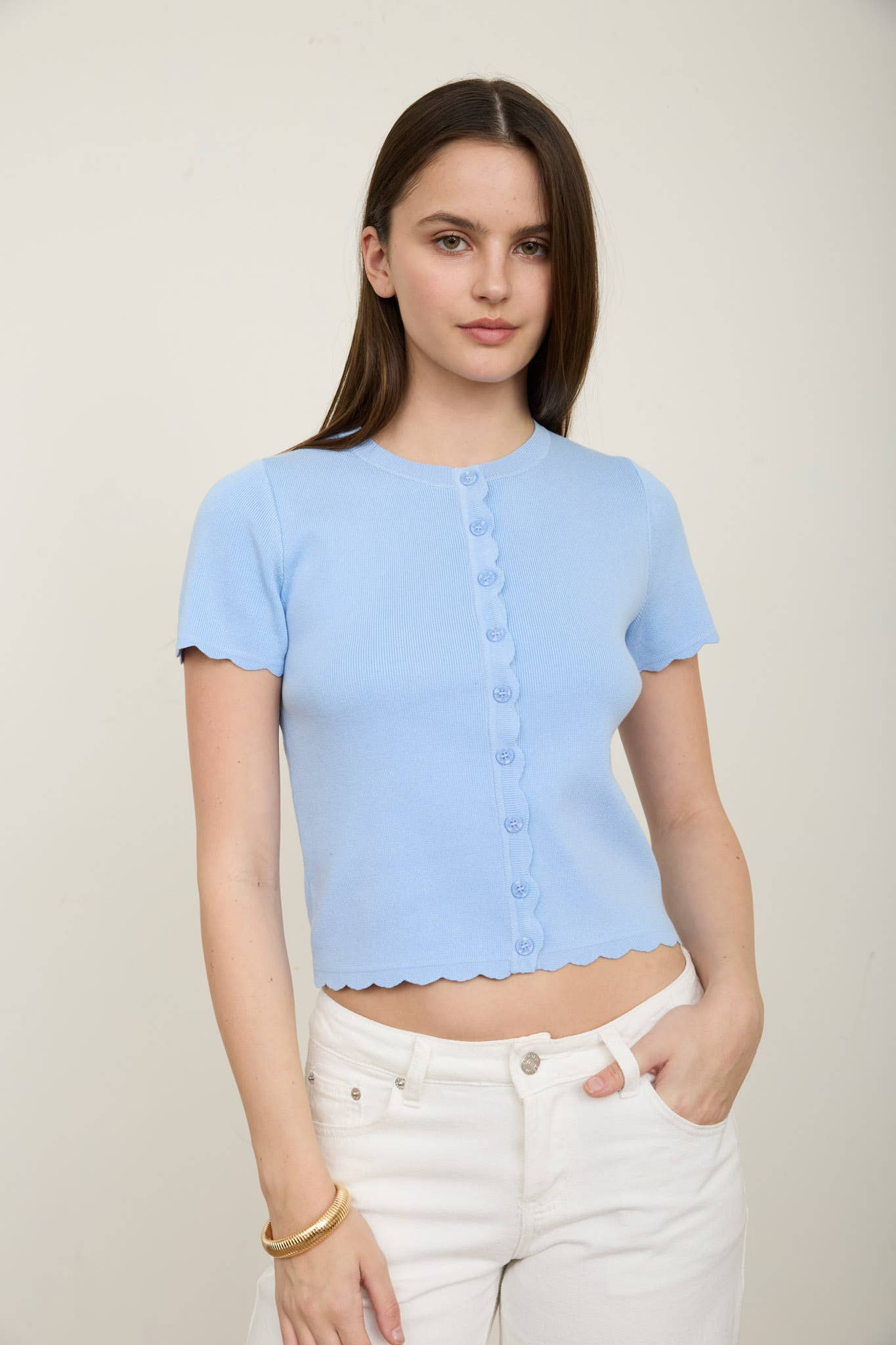 SCALLOPED SHORT SLEEVE BUTTON DOWN KNIT CARDIGAN