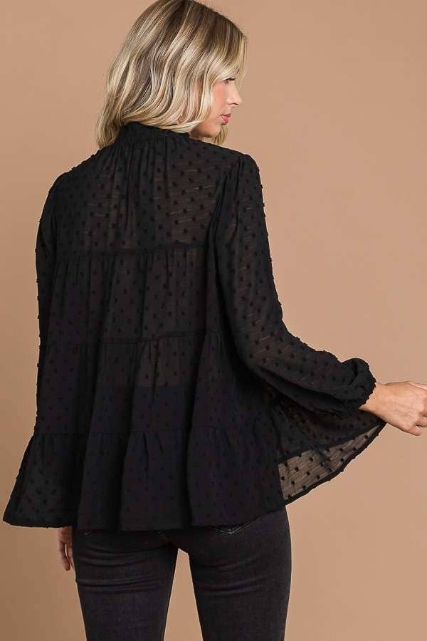 CWT1887Q - SMOCK NECK TIERED 3/4 SLEEVE TOP