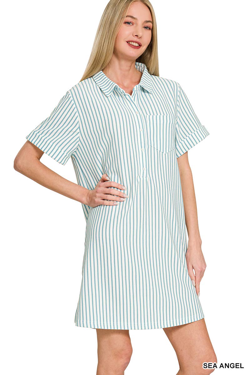 0210 Stripe Collared Half Button Up T-Shirt Dress SI-29476
