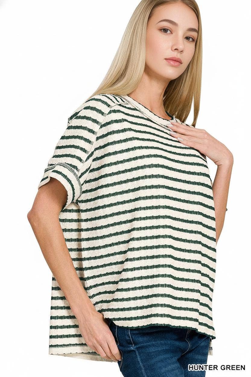 Striped Short Sleeve Hi Low Tee  - Zenana