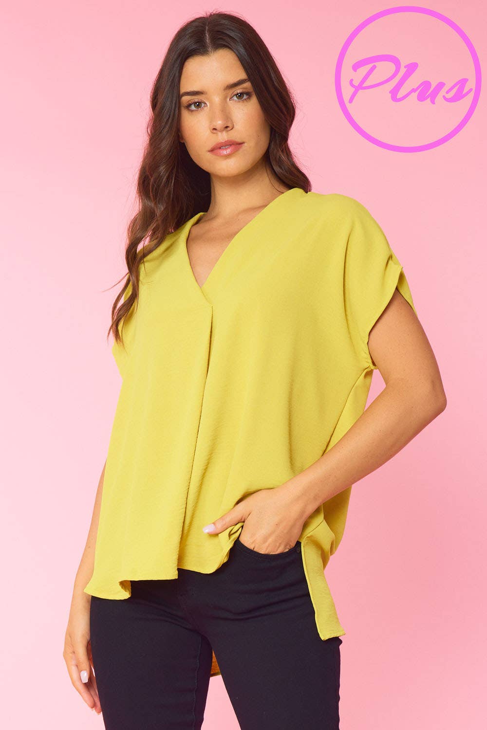 ST3611-PLUS - SOLID V NECK RELAXED FIT SHORT SLEEVE TOP