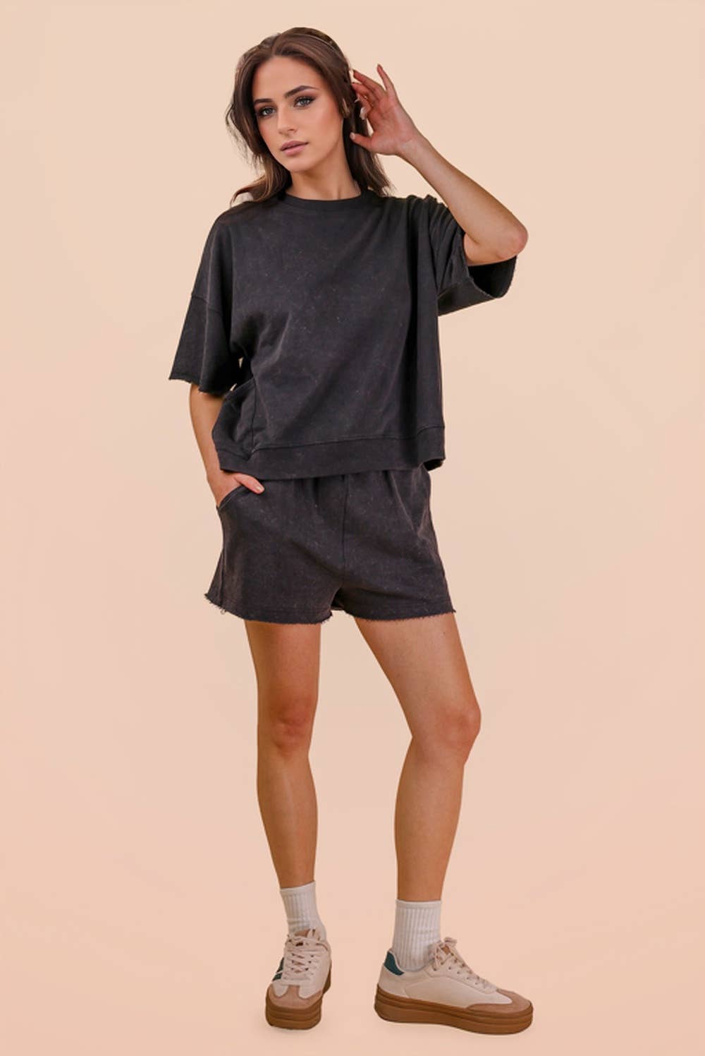 NT12429SETX-PLUS SIZE Mineral Washed Knit Casual Top & Shorts