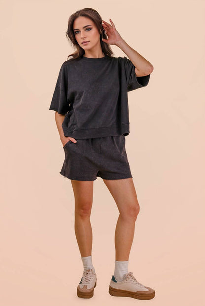 NT12429SETX-PLUS SIZE Mineral Washed Knit Casual Top & Shorts