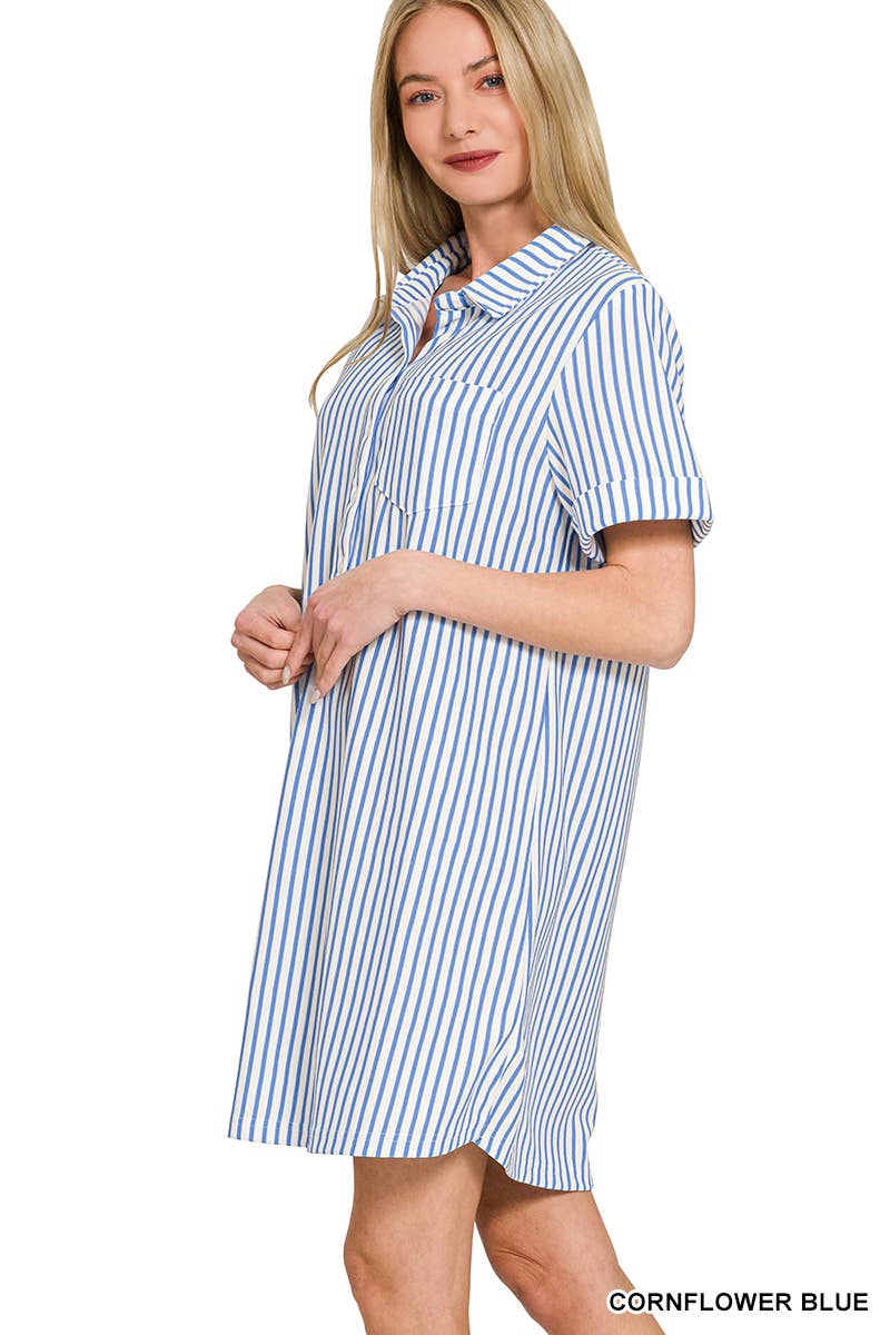 0210 Stripe Collared Half Button Up T-Shirt Dress SI-29476