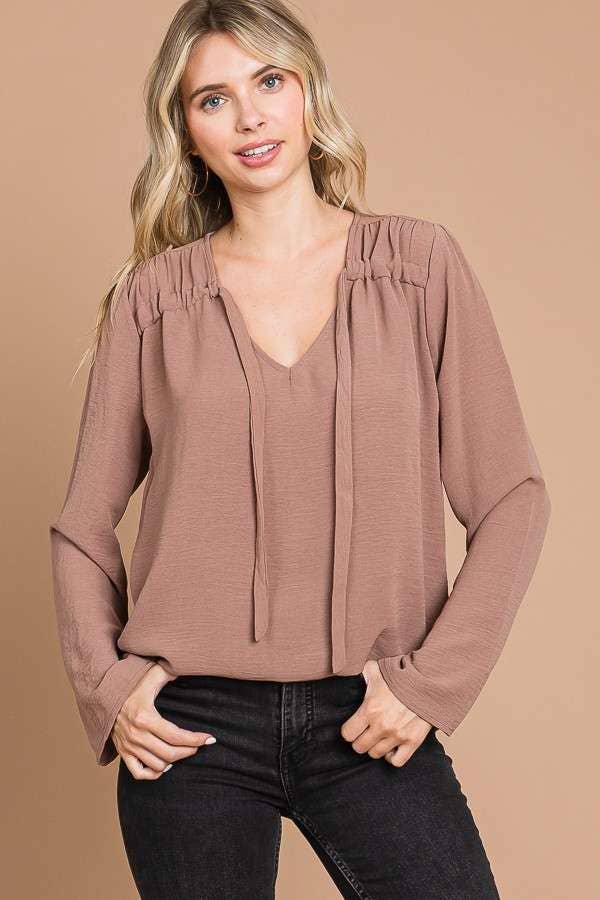 CWT1862L - RUCHING YOKE DETAIL BELL SLEEVE TOP