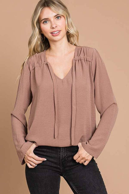 CWT1862L - RUCHING YOKE DETAIL BELL SLEEVE TOP