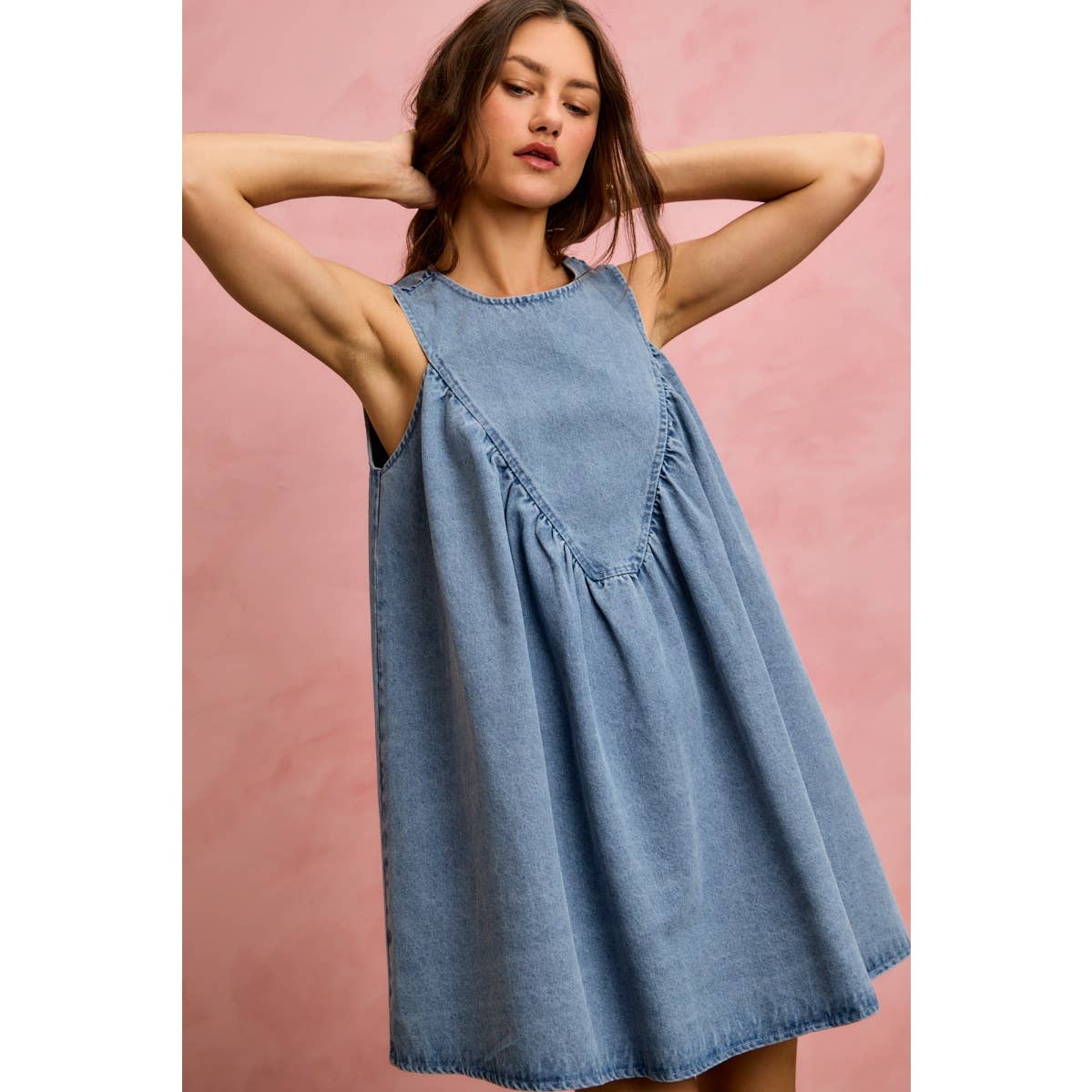 DENIM RUCHED SLEEVELESS DRESS