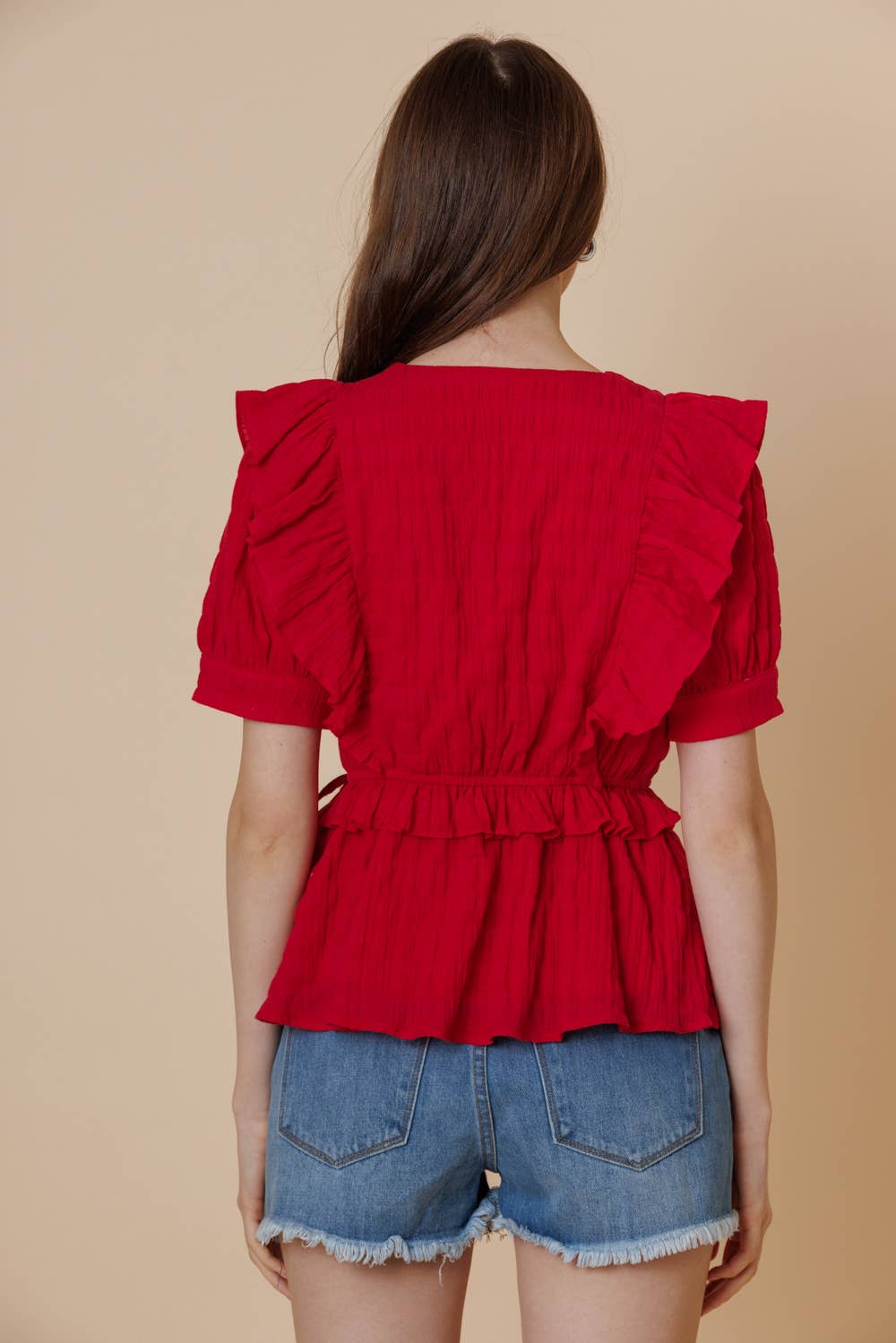 Textured Cotton Surpliced Puff Short Sleeve Ruffle Top