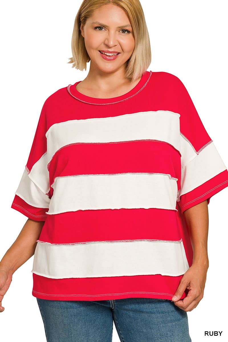 Plus French Terry Striped Exposed Seam Top - Zenana