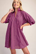 Mock Neck Band Half Zip Stripe Mini Dress