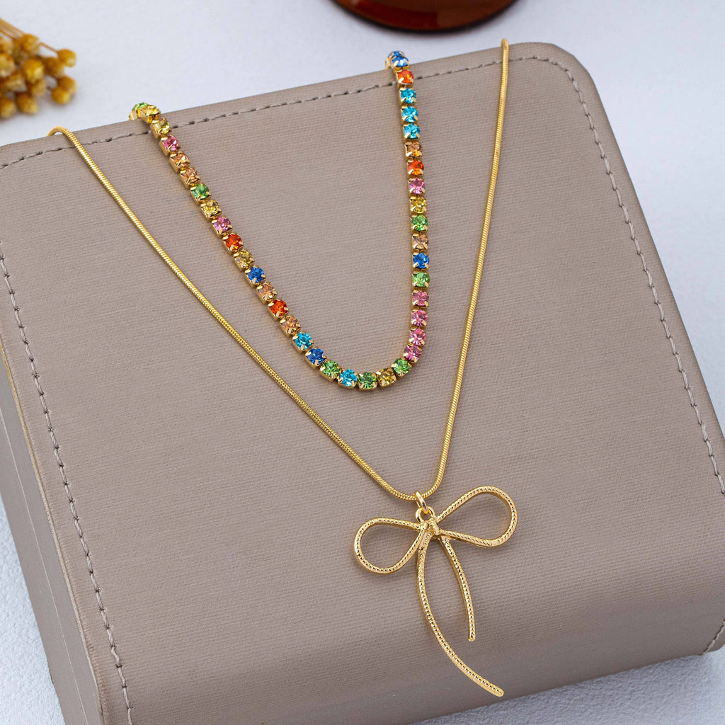 Rainbow Gemstone Bow Layered Necklace | 80N93283