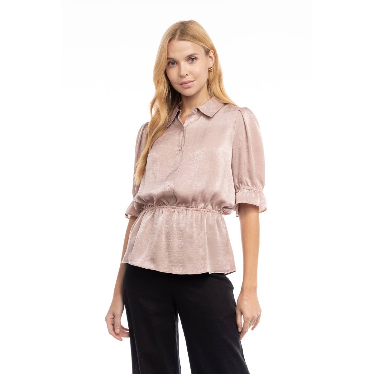 Elbow Sleeve Blouse With Half Placket