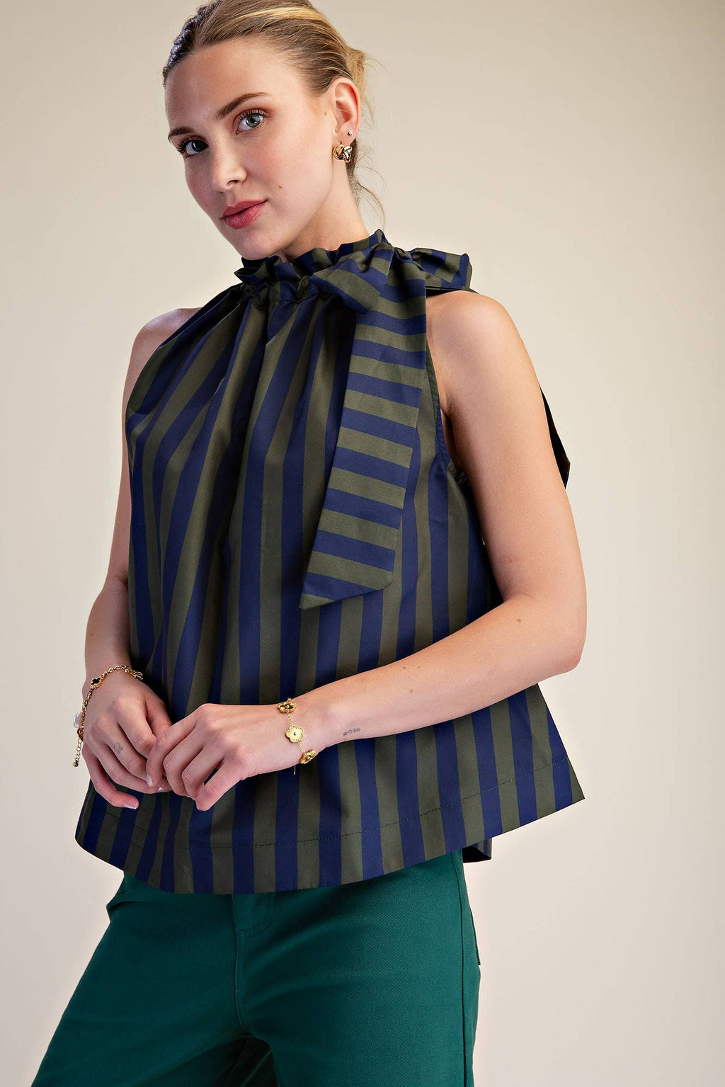 Ruffle Neck Tie Sleeveless Stripe Top