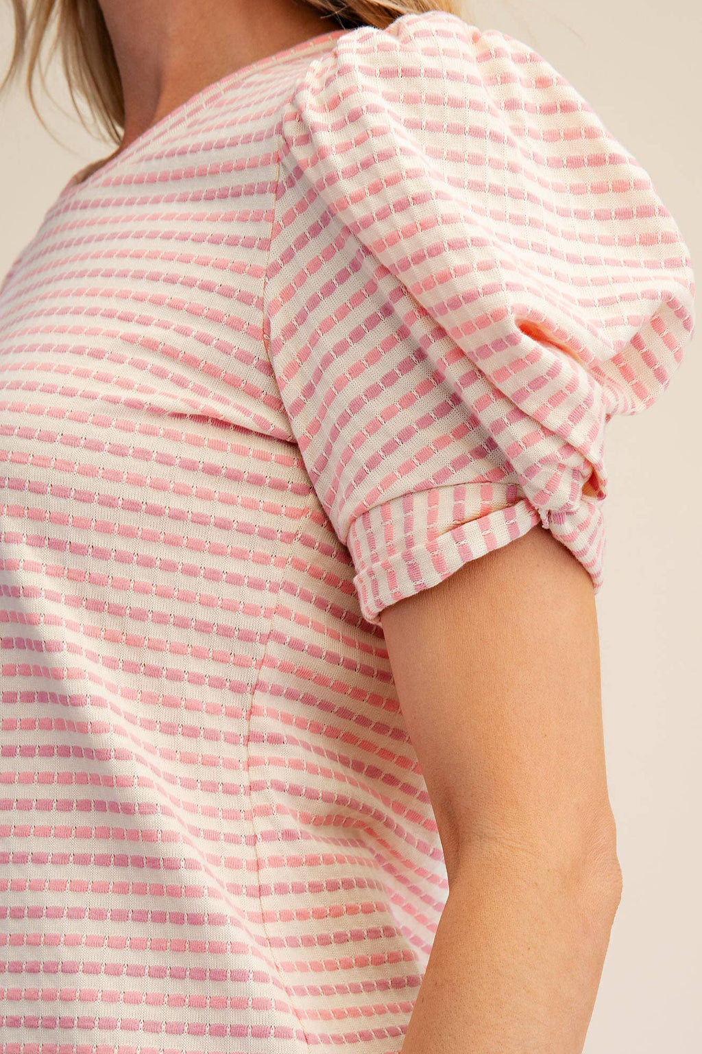 Round Neck Puff Sleeve Stripe Top
