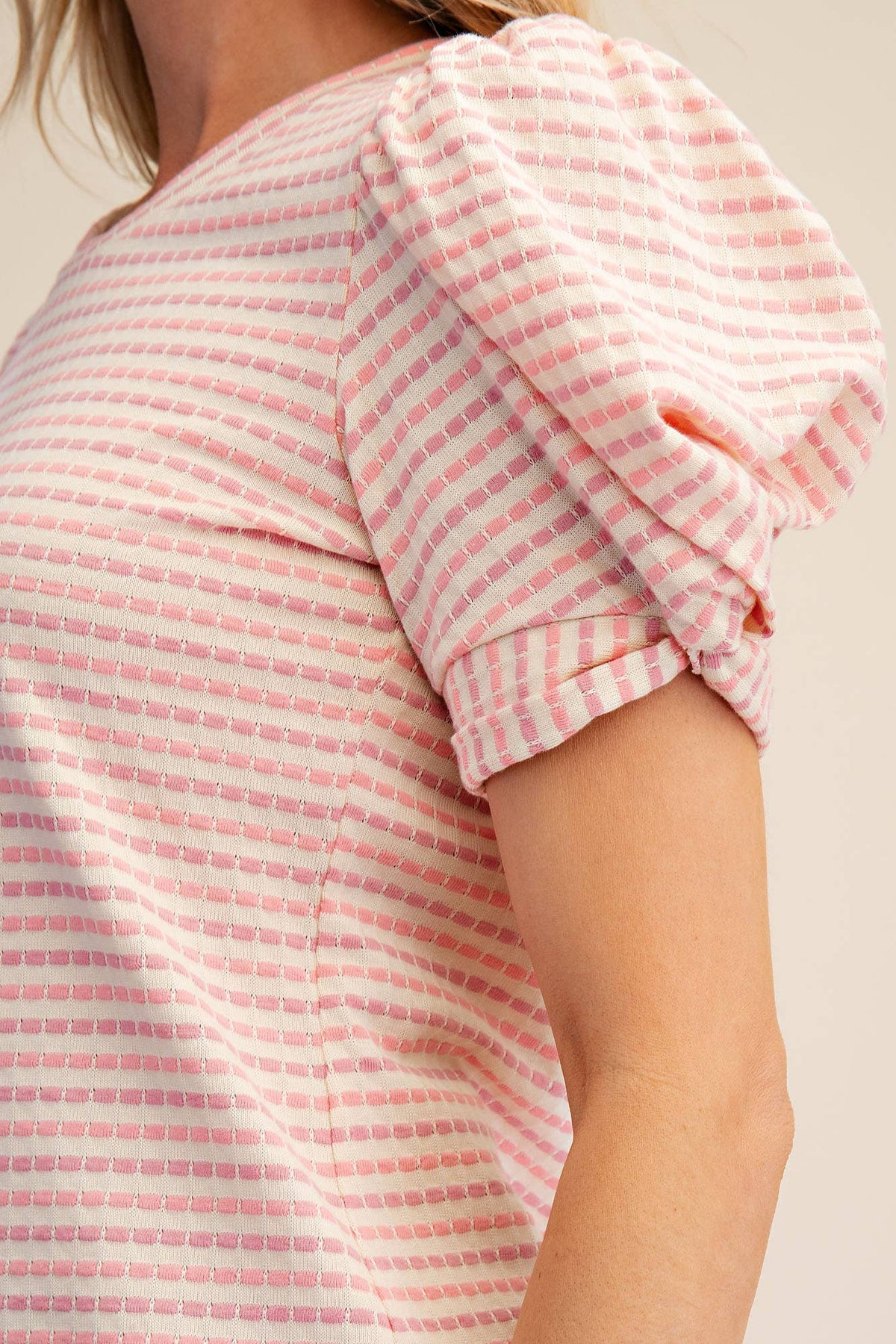 Round Neck Puff Sleeve Stripe Top