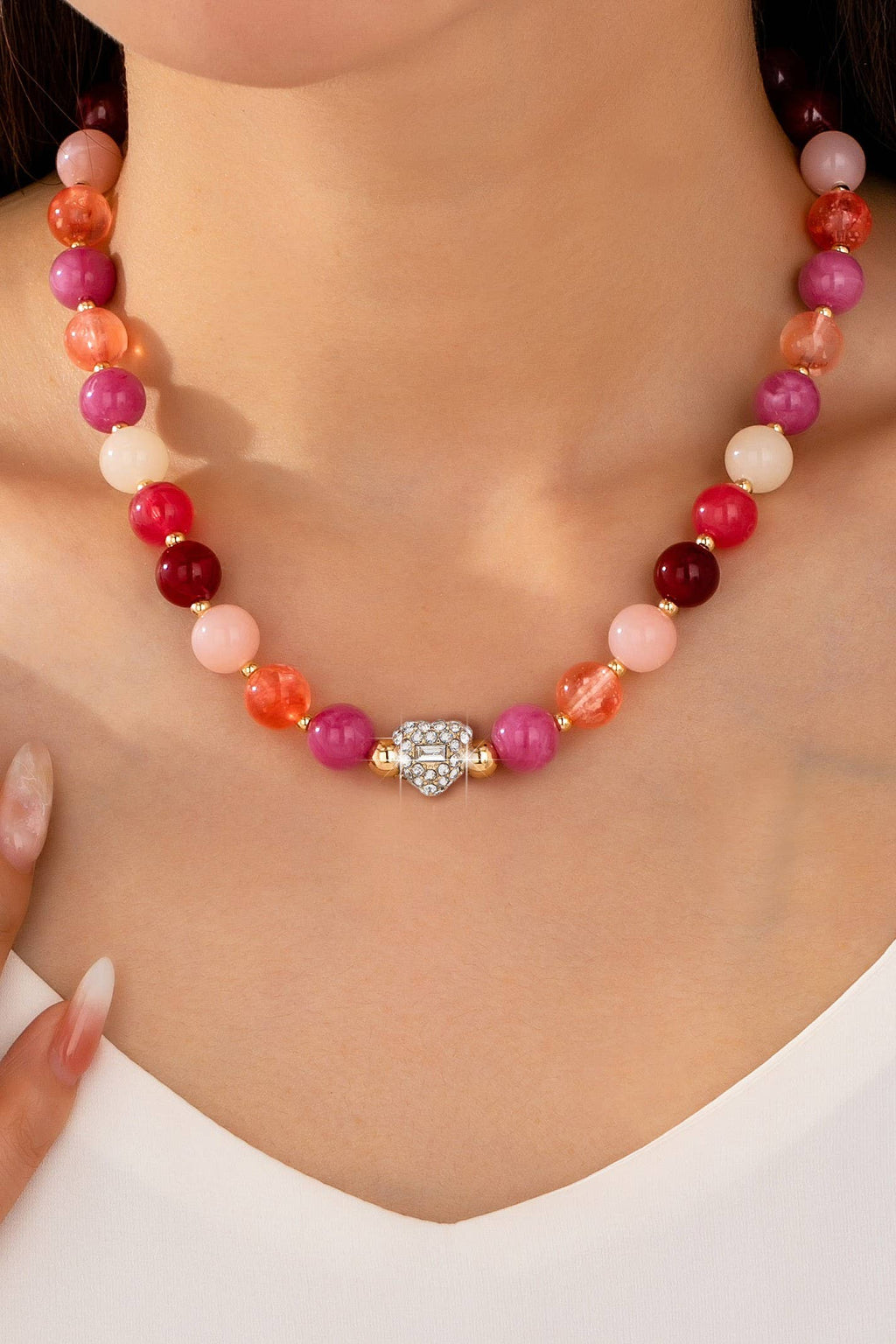 Rose & Berry Beaded  Heart Crystal Ball Necklace | 80N92958