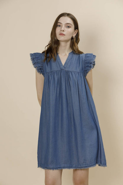Frayed Sleeve Tencel Denim Mini Dress
