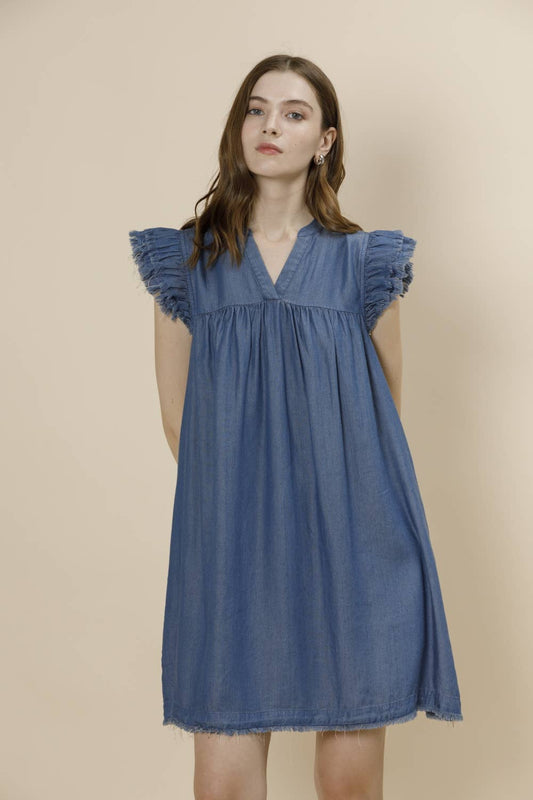 Frayed Sleeve Tencel Denim Mini Dress