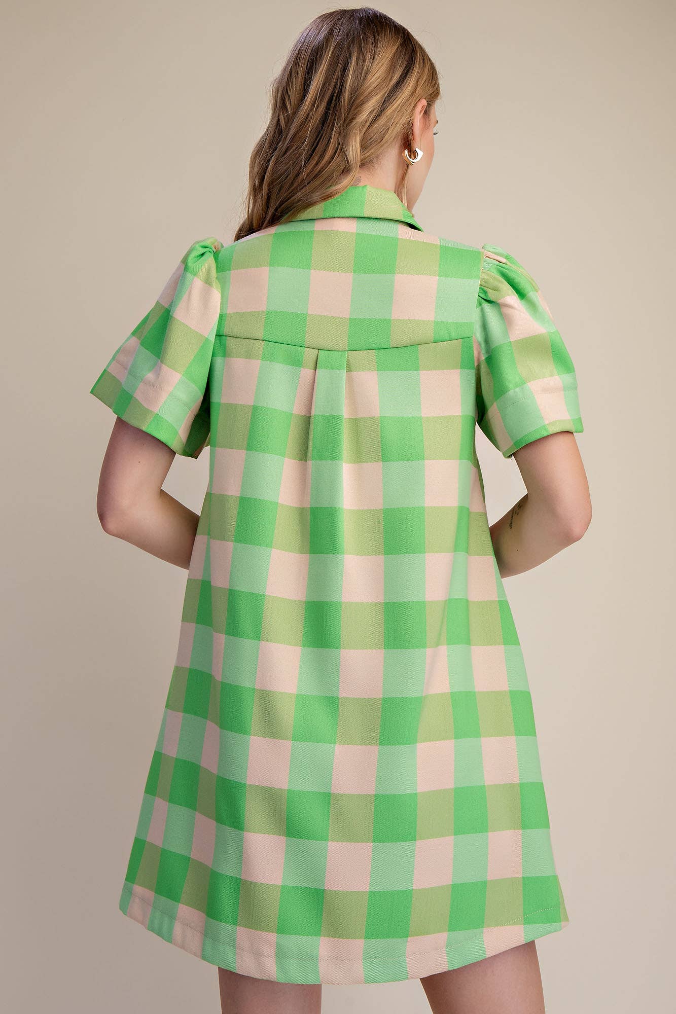 Checkered Mini Dress With Collar Neck Covered Button Down