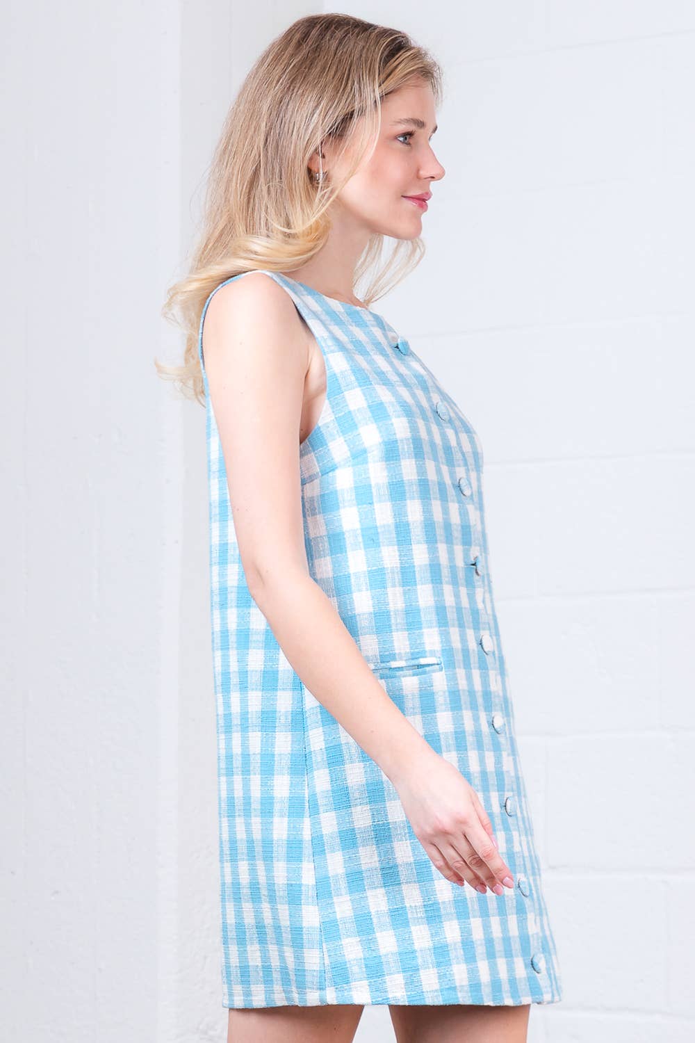 HD30291T-SLVLESS SIDE WELT POCKET A-LINE GINGHAM MINI DRESS