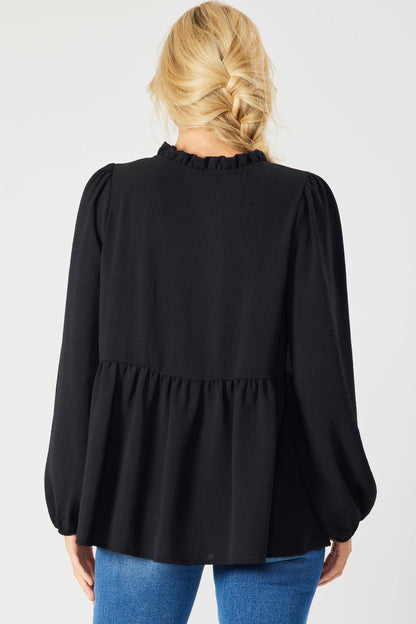 ST3073-A - SOLID LONG SLEEVE PEPLUM  TOP WITH RUFFLE COLLAR