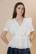 Textured Cotton Surpliced Puff Short Sleeve Ruffle Top