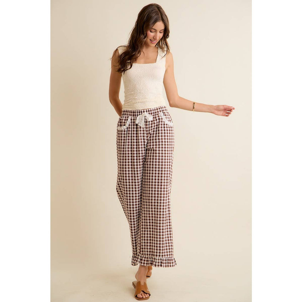 GINGHAM LACE RUFFLED PULL ON PANTS