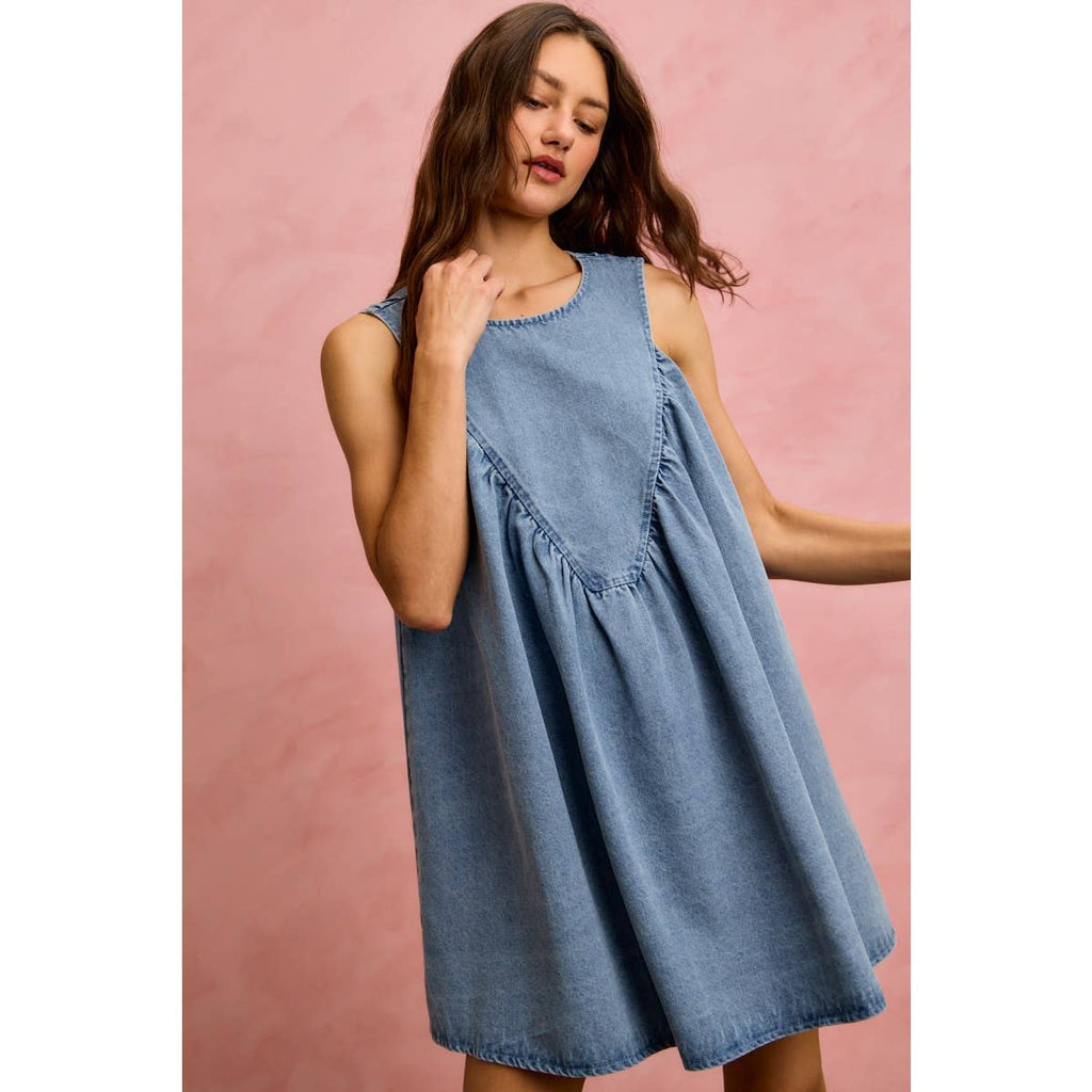 DENIM RUCHED SLEEVELESS DRESS